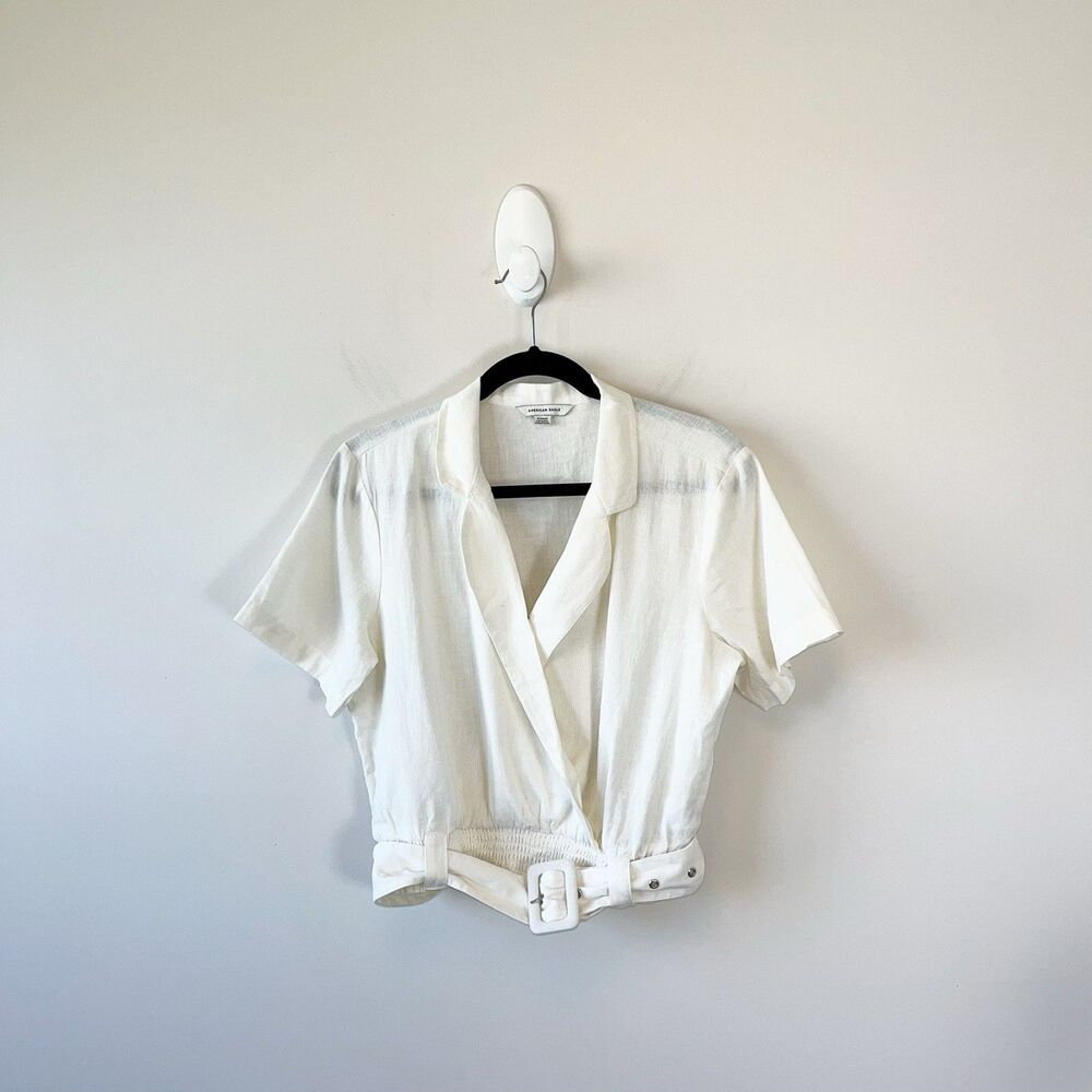 American Eagle Cropped Linen Blend Belted Surplice Blouse Top Cream Size Medium - Picture 1 of 12